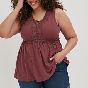 Torrid Womens Burgundy Ribbed Lace Trim Babydoll Peplum Tank Top Plus Size 3 3X